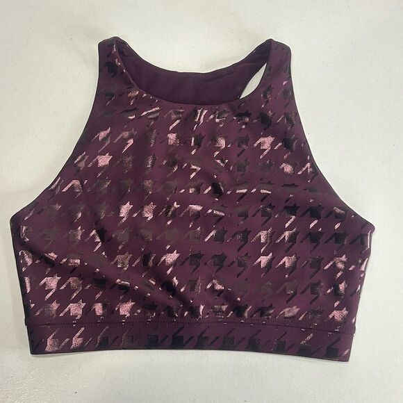 PELOTON Show Up Foil Houndstooth High Neck Bra Women’s Sz Small Plum Purple - Picture 1 of 7
